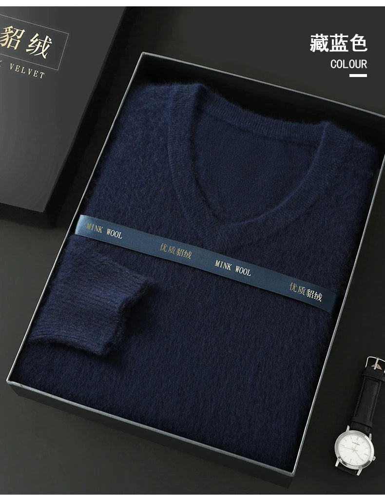 100% Pure Mink Cashmere Sweater Men's V-Neck Pullovers Knit Large Size Mink Sweater Winter New Long Sleeve High-End Jumpers Tops