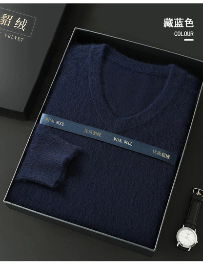 100% Pure Mink Cashmere Sweater Men's V-Neck Pullovers Knit Large Size Mink Sweater Winter New Long Sleeve High-End Jumpers Tops