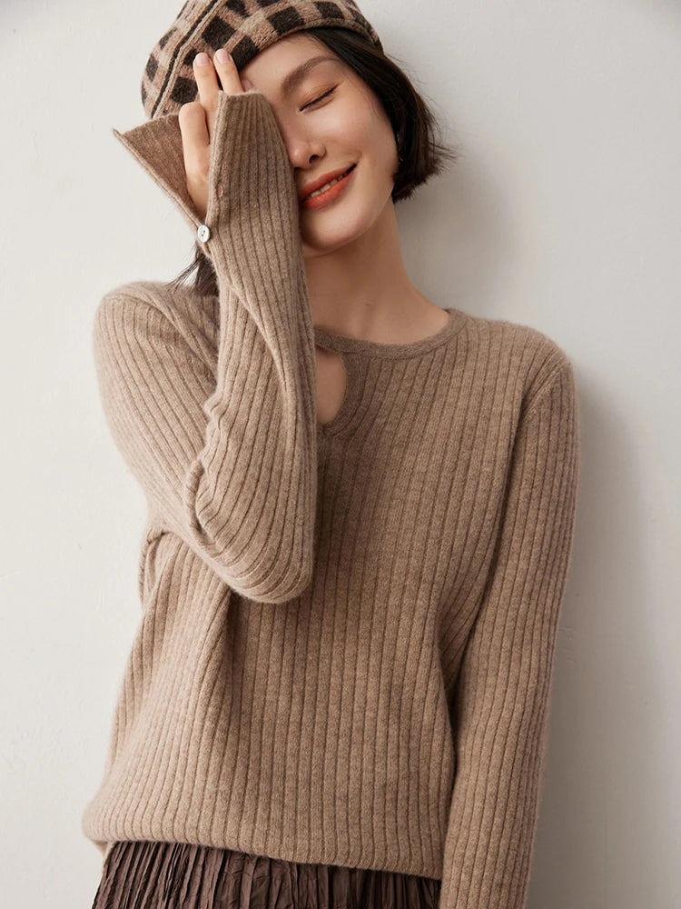 CHICUU Women's 100% Cashmere Knit Pullover Sweater Cut Out Collar Long Sleeve Pullover Autumn Winter Basic Cashmere Knitwear Top