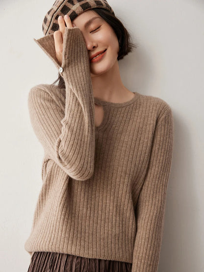 CHICUU Women's 100% Cashmere Knit Pullover Sweater Cut Out Collar Long Sleeve Pullover Autumn Winter Basic Cashmere Knitwear Top