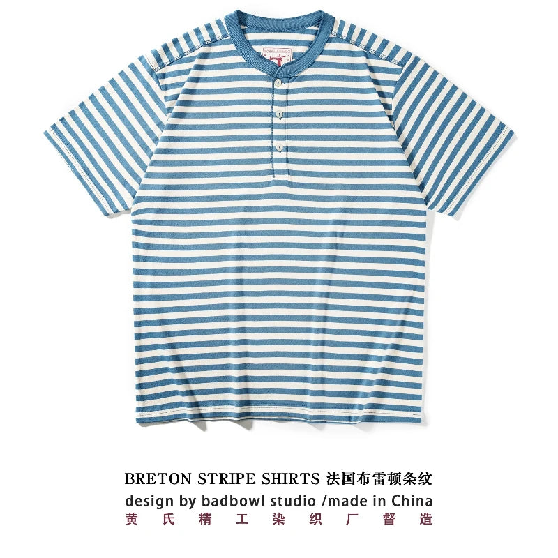 American Retro Sea Soul Shirt 270g Heavy Cotton T-shirt Men's Casual Round Neck Short Sleeve T-shirt Striped Base T-shirt