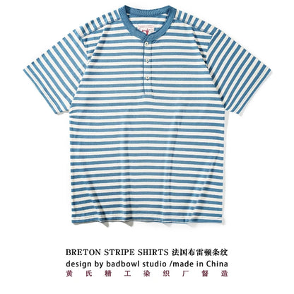 American Retro Sea Soul Shirt 270g Heavy Cotton T-shirt Men's Casual Round Neck Short Sleeve T-shirt Striped Base T-shirt