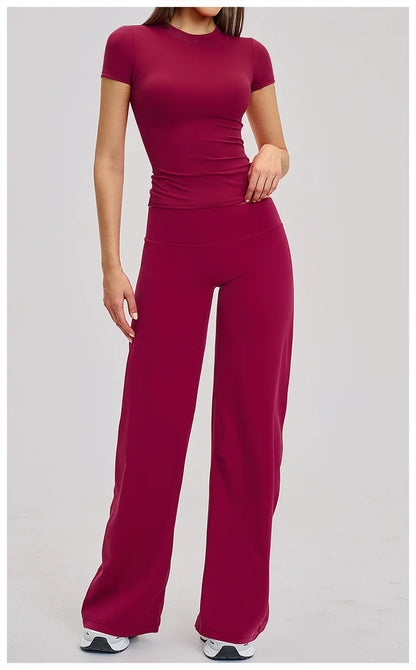 TRY TO BN Women's Tracksuit Two Pieces Yoga Sets Short Sleeve High Waist Leggings Fitness Sportwear Workout Running Gym Clothing