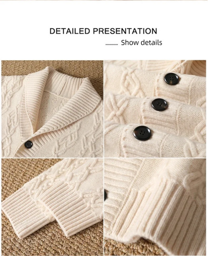 2025 Autumn Winter New Five Needle Thick 100% Merino Wool Sweater Men's Lapel Knit Cardigan Business Casual Warm Shirt Menswear