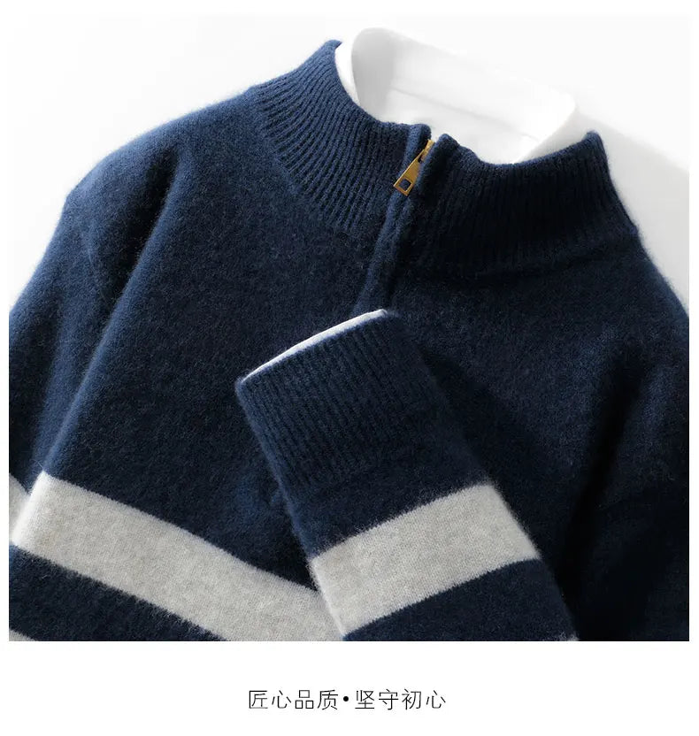 Men's 100% Merino Wool Sweater Half-high Collar Half Zip Thick Pullover Autumn Winter Cashmere Stripe Knitwear Long Sleeved Tops