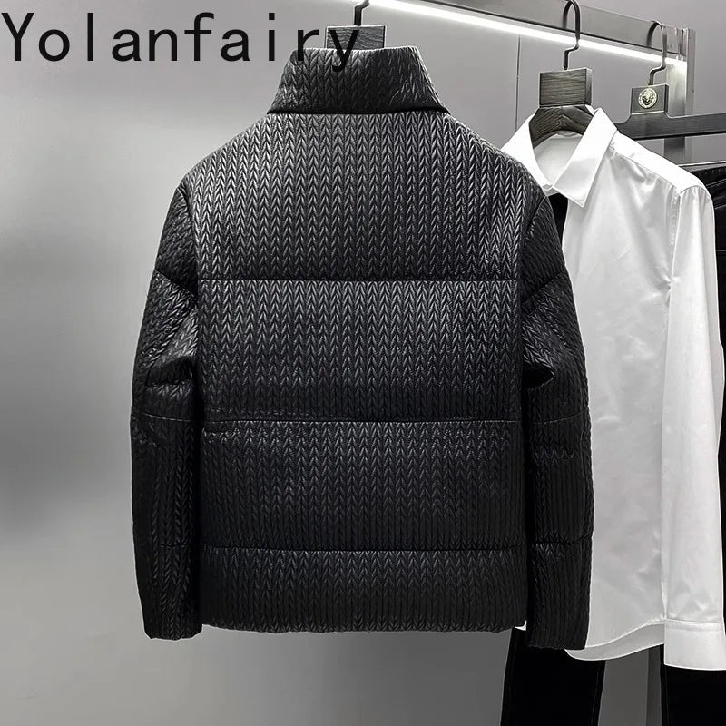 YOLANFAIRY Luxury Top Layer Sheepskin Leather Jackets for Man 2025 Winter Fashion White Goose Down Coat Warm Black Puffer Jacket