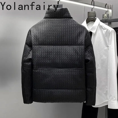 YOLANFAIRY Luxury Top Layer Sheepskin Leather Jackets for Man 2025 Winter Fashion White Goose Down Coat Warm Black Puffer Jacket