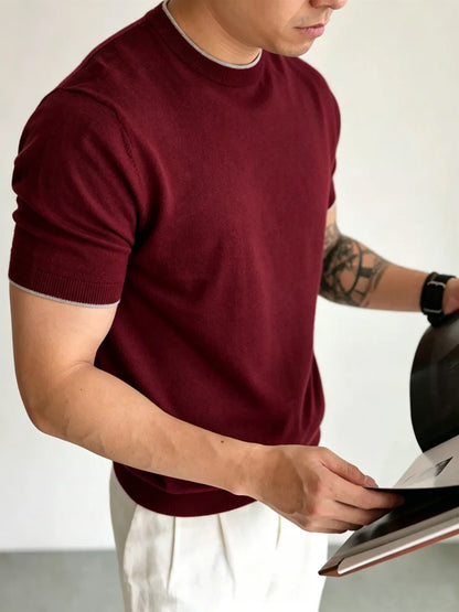 Light Luxury Cashmere Blend Anti Pilling Knitted Short Sleeved Round Neck T-shirt for Men, Retro Casual Business Summer Shirt