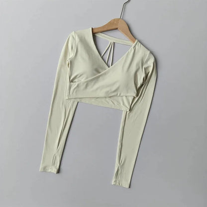 Yoga Top with Chest Pads Cross V-Neck Long Sleeves Women's Slim-Fit Running Training Cropped Navel-Baring Pilates Top  Fitness