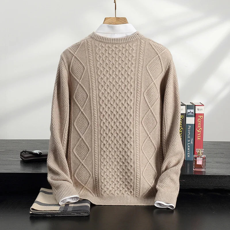 Men's 100% Cashmere Sweater Round Neck Autumn Winter Warm Clothing Jacquard Checkered Pullover Sweater Knitted Bottom Shirt Tops