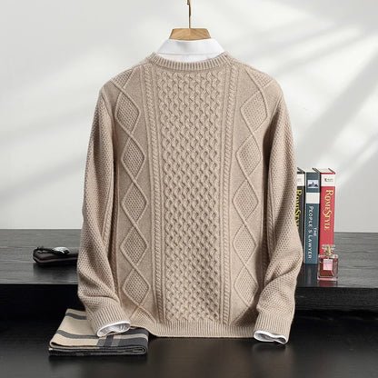 Men's 100% Cashmere Sweater Round Neck Autumn Winter Warm Clothing Jacquard Checkered Pullover Sweater Knitted Bottom Shirt Tops