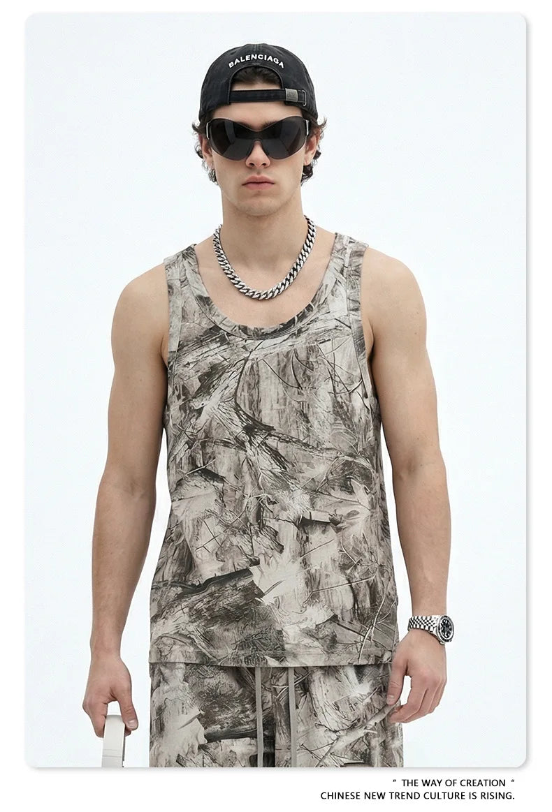 Custom LOGO men's 315G cotton polyester summer American street camouflage loose sports vest shorts outdoor fitness set