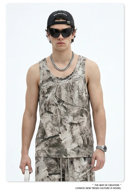 Custom LOGO men's 315G cotton polyester summer American street camouflage loose sports vest shorts outdoor fitness set