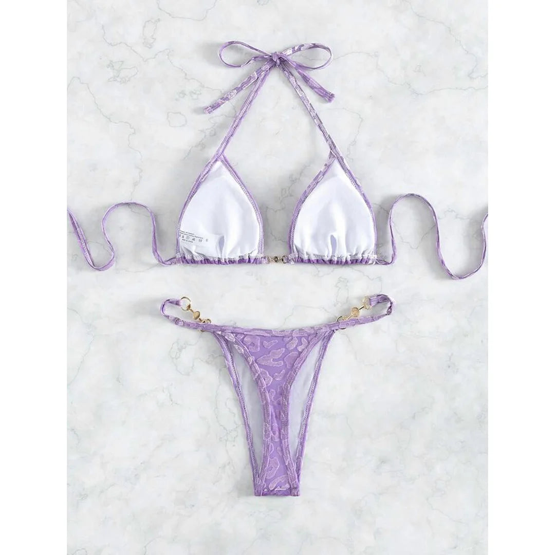 S - XL Leopard Pearl Mini Micro Thong Bikini Female Swimsuit Women Swimwear Two-piece Bikini set Bather Bathing Suit Swim V5207B