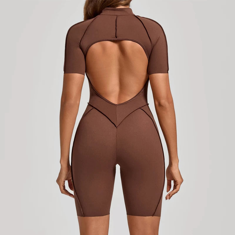 VITALINOVO Women Short Sleeve Workout Jumpsuit Backless Zip Up Romper Bottom Shorts Built-in Bra Bodysuit Bodycon Sexy One Piece