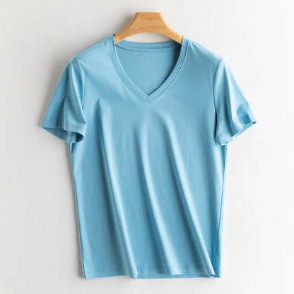 SuyaDream Women Solid T shirts, Silk Cotton Blend, O Neck, Short Sleeved Solid Tee,2025 Summer Candy Colors Basic Cozy Top Green