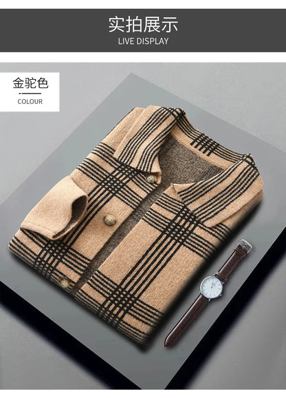 100% Merino Wool Men's Lapel Collar Knit Cardigan Coat 2025 Spring/ Autumn New POLO Neck Grid Suit Shirt Cashmere Jacket Sweater