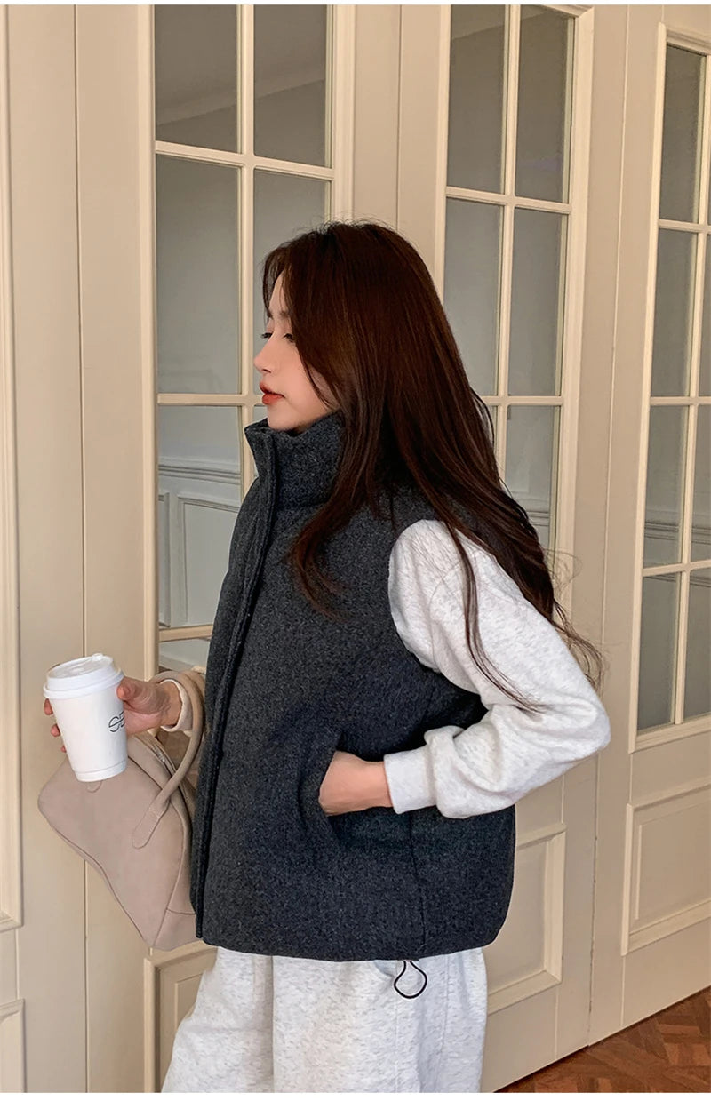 Short Down cotton Vest Women's 2025 Korean Fashion New Stand-up Sleeveless Zipper Student Vest Jacket Black Gray Waistcoat Tide