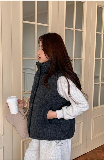 Short Down cotton Vest Women's 2025 Korean Fashion New Stand-up Sleeveless Zipper Student Vest Jacket Black Gray Waistcoat Tide