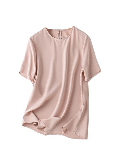 SuyaDream Women T Shirt 22mm Real Silk O Neck Short Sleeves Summer Tee 2025 New Chic Tops Pink Purple