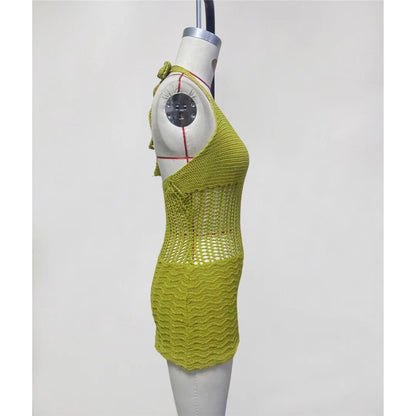 S - XL Halter V Neck Backless Crochet Knitted Tunic Beach Cover Up Cover-ups Beach Dress Beach Wear Beachwear Female Women V8238