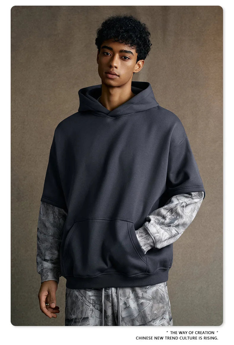 Custom LOGO Men's 2025 Autumn New 340G fleece-lined Fake Two-piece Camouflage Sweater T-Shirt Casual Pants Set
