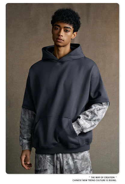 Custom LOGO Men's 2025 Autumn New 340G fleece-lined Fake Two-piece Camouflage Sweater T-Shirt Casual Pants Set