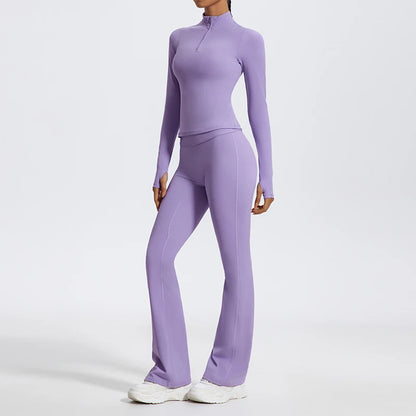 Hearuisavy Summer Half Zipper Yoga Suit Outdoor Workout Clothing Gym Set Women Flared Pants 2Pcs Sports Long Sleeves Shirt Suit