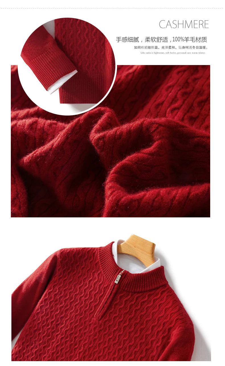 2024 Autumn Winter New Men's Half-High-Neck Thick 100% Pure Wool Sweater Long-Sleeved Business Warm Cashmere Bottoming Shirt Top