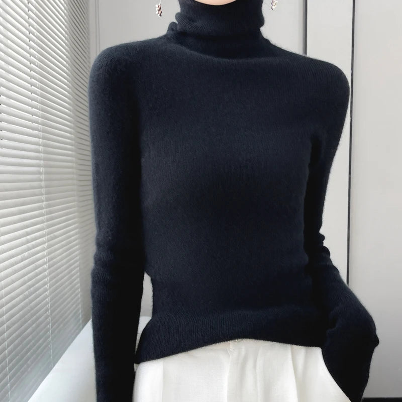 100% Merino Wool Long-sleeved Turtleneck Pullover Women's Autumn Winter Slim Sweater Basic Women's Clothes Cashmere Sweater