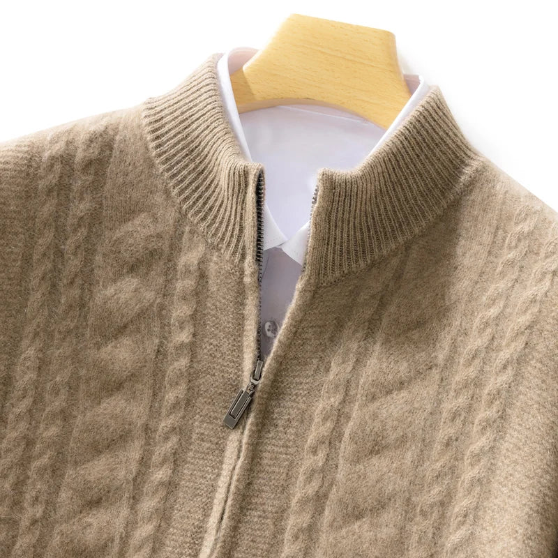 High Quality Men Mock Collar Twisted Cardigan Autumn Winter Thick Zipper 100% Merino Wool Sweater Casual Coat Cashmere Knitwear