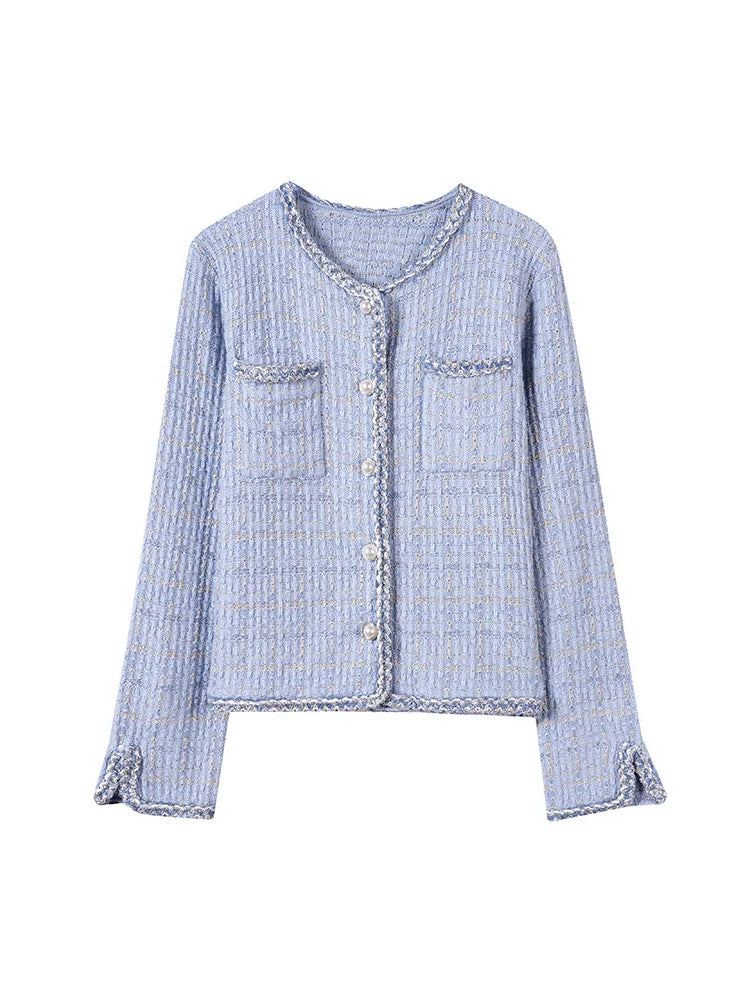 SuyaDream Woman 46.7%Merino Wool Cardigans Singe Breasted Chest Pockets Melange Woolen Coats 2023 Fall Winter Jackets Blue