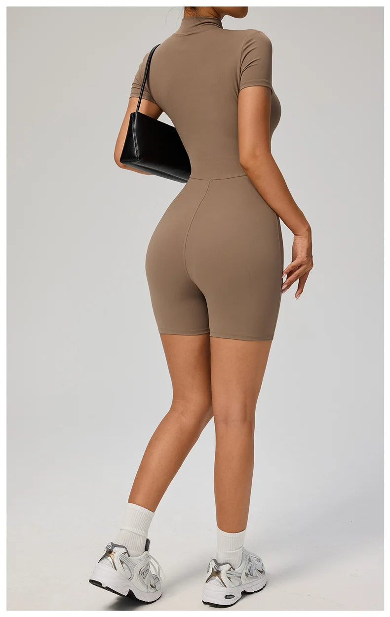 TRY TO BN Sports Jumpsuit Zipper Short Sleeves Yoga Sportswear Fitness Workout Bodysuit One Piece Suits Tights Gym Woman Clothes