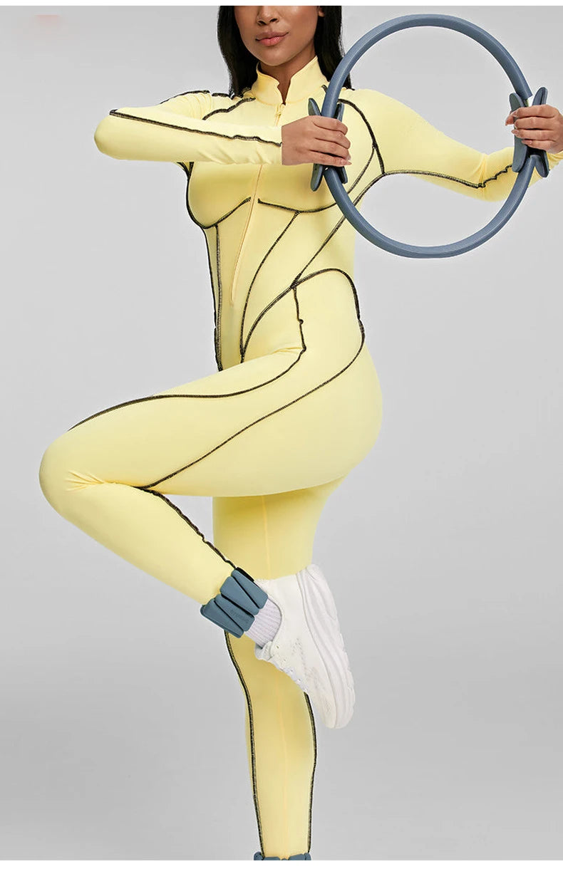 SOISOU Nylon Jumpsuit Women's Sport Yoga Fitness Set with zipper & chest cushion Bare Back High elastic soft fabric Gym Bodysuit