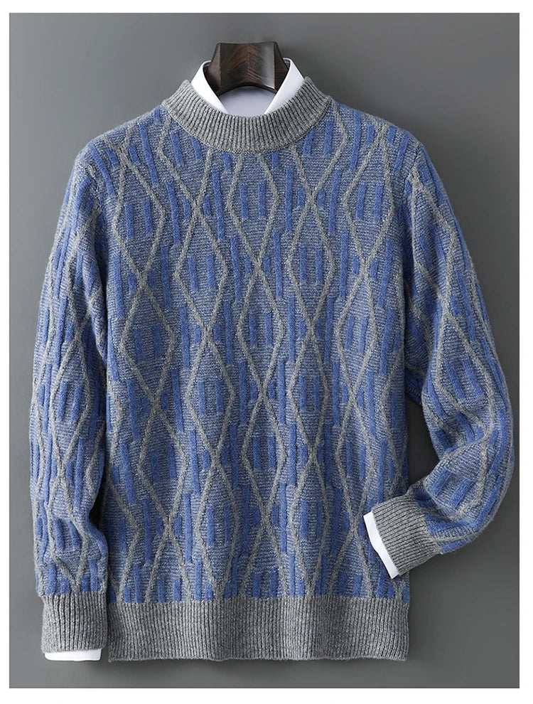 New 100% Pure Wool Cashmere Men's Mock-Neck Pullover Autumn And Winter Color Matching Top Casual Thick Fashion Large Size Jacket