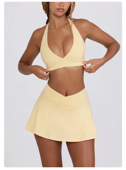 Summer Women Chest Padding And High Elasticity Bra Set 2Pcs Tennis Skirt Sportswear Female Golf Suits Sport Outfit For Woman