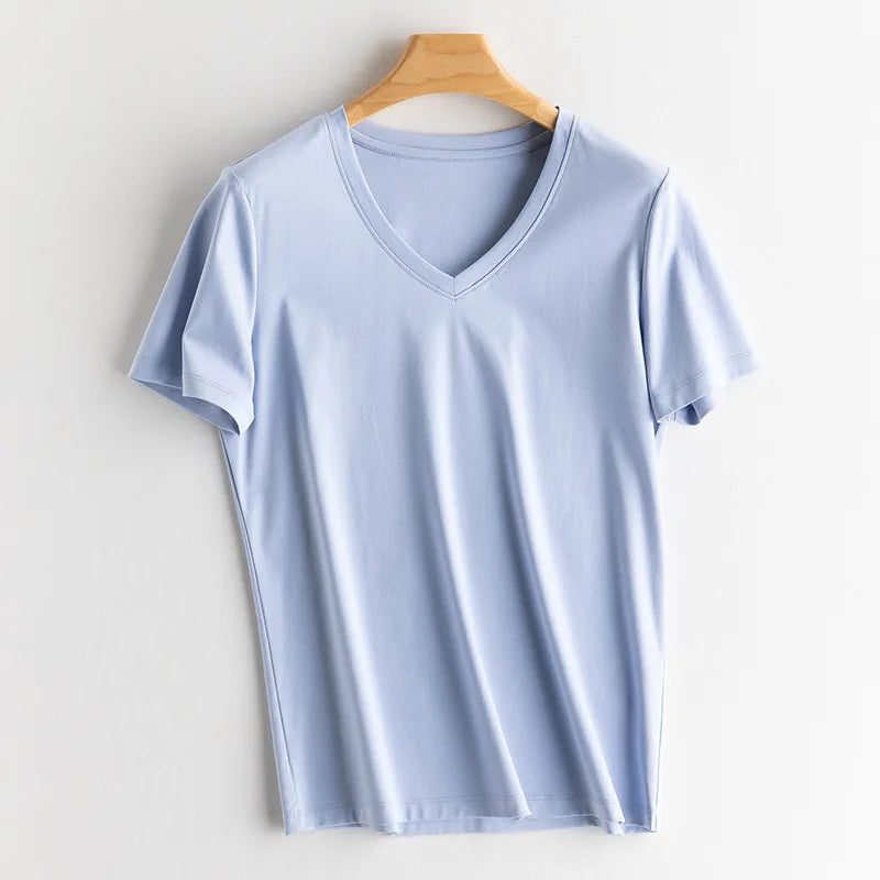 SuyaDream Women Solid T shirts, Silk Cotton Blend, O Neck, Short Sleeved Solid Tee,2025 Summer Candy Colors Basic Cozy Top Green
