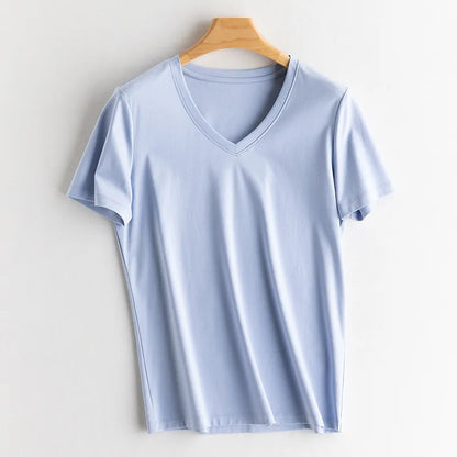 SuyaDream Women Solid T shirts, Silk Cotton Blend, O Neck, Short Sleeved Solid Tee,2025 Summer Candy Colors Basic Cozy Top Green