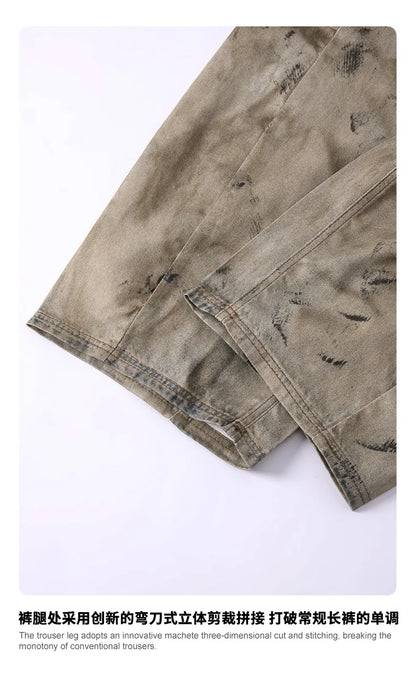 Custom LOGO men's 270G pure cotton high street retro casual pants scimitar denim texture mud yellow old loose wide-leg pants