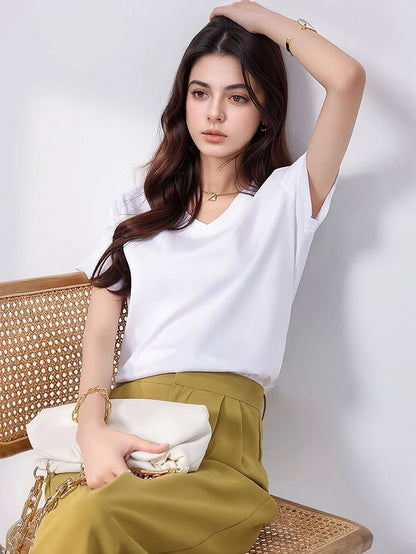 SuyaDream Women Solid T shirts, Silk Cotton Blend, O Neck, Short Sleeved Solid Tee,2025 Summer Candy Colors Basic Cozy Top Green