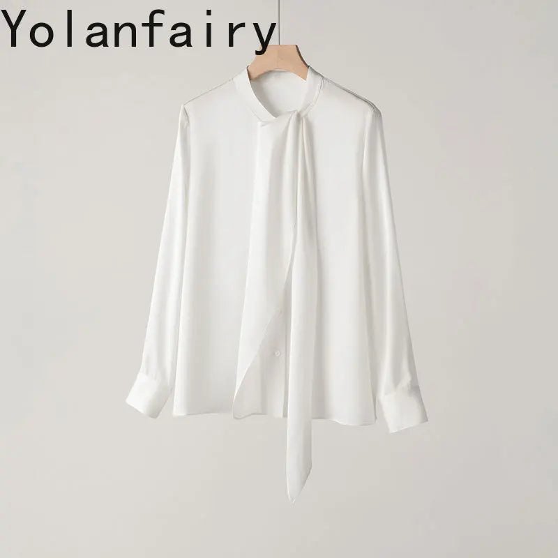 YOLANFAIRY 93% Real Mulberry Silk Shirts for Women Spring 2026 Elegant Solid Long Sleeve Shirt Woman Top Ribbon OL Blouses Trend