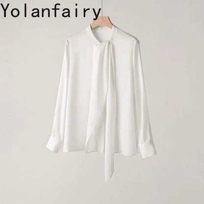 YOLANFAIRY 93% Real Mulberry Silk Shirts for Women Spring 2026 Elegant Solid Long Sleeve Shirt Woman Top Ribbon OL Blouses Trend