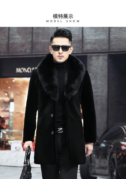 6XL Winter Jacket for Men Sheep Shearling Down Coat Men's Large Fur Collar Midi Long 100% Wool Real Fur Coats and Jackets FCY