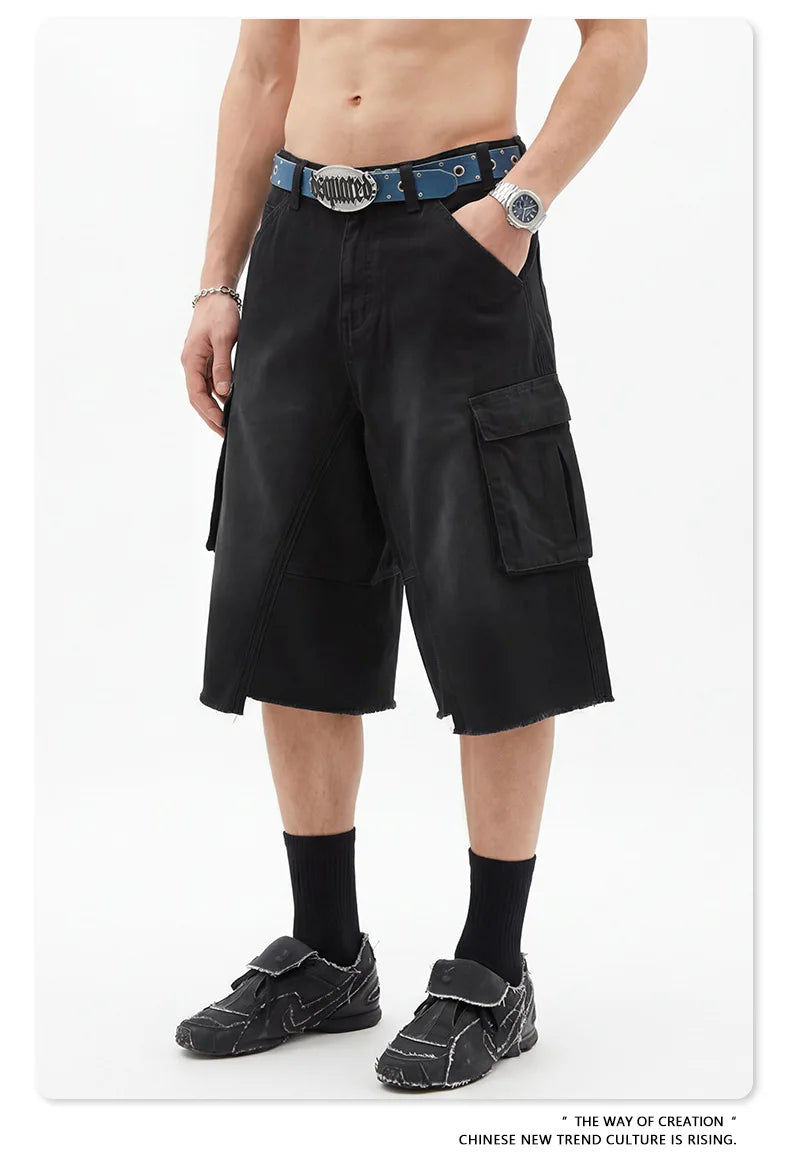 Custom LOGO men's 310G heavy 100% cotton summer American street multi-pocket retro washed old loose tooling seven-point shorts