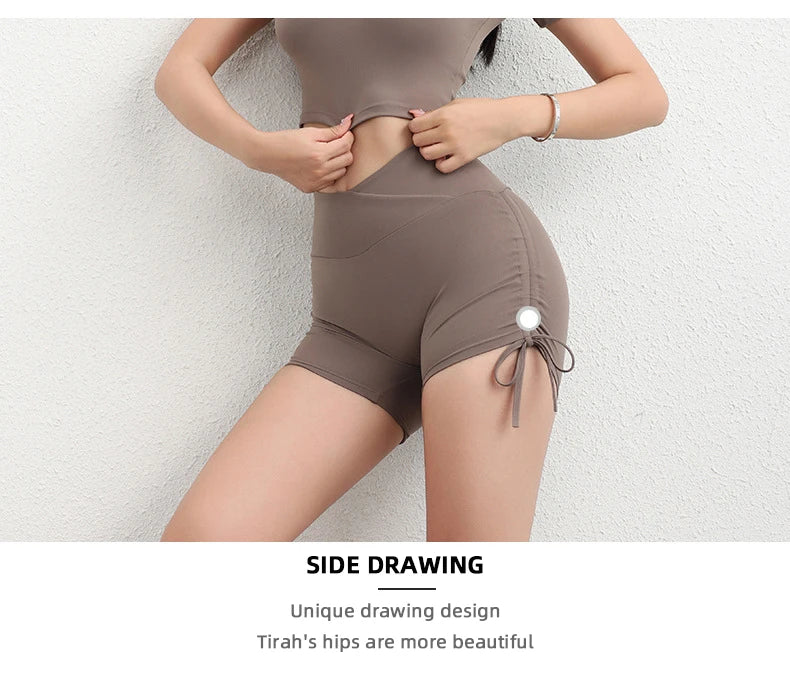 TRY TO BN Fitness Shorts Sports Women Drawstring Scrunch Workout High Waist Abdomen Tights Leggings Run Cycling Shorts Gym Wear