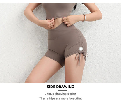 TRY TO BN Fitness Shorts Sports Women Drawstring Scrunch Workout High Waist Abdomen Tights Leggings Run Cycling Shorts Gym Wear