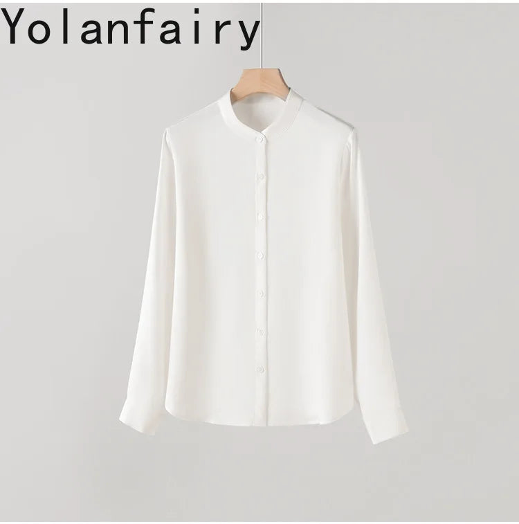 YOLANFAIRY 93% Natural Mulberry Silk Shirts Woman 2026 Stand Collar Long Sleeve Blouse Women Elegant White Shirt OL Ladies Tops