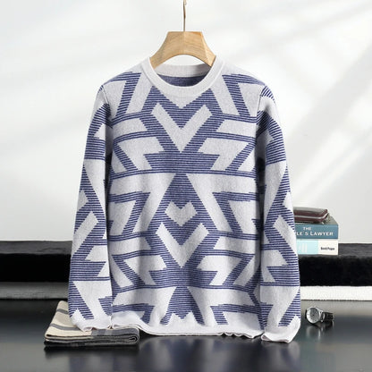 Men's Autumn Winter New 100% Cashmere O-Neck Sweater Fashion Knitted Jacquard Pullover Top Color blocked Thickened Men's Wear