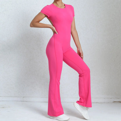 Women's Tracksuit Yoga Set Backless Jumpsuits Back V One Piece Fitness Rompers Short Sleeves Sportswear Gym Set Workout Clothes