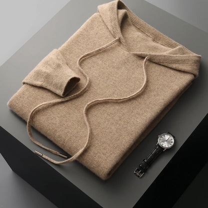 Men's 100% Merino Wool Sweater Hooded Collar Knitted Pullover Cashmere Sweatshirt Autumn Winter Casual Large Tops Long Sleeved